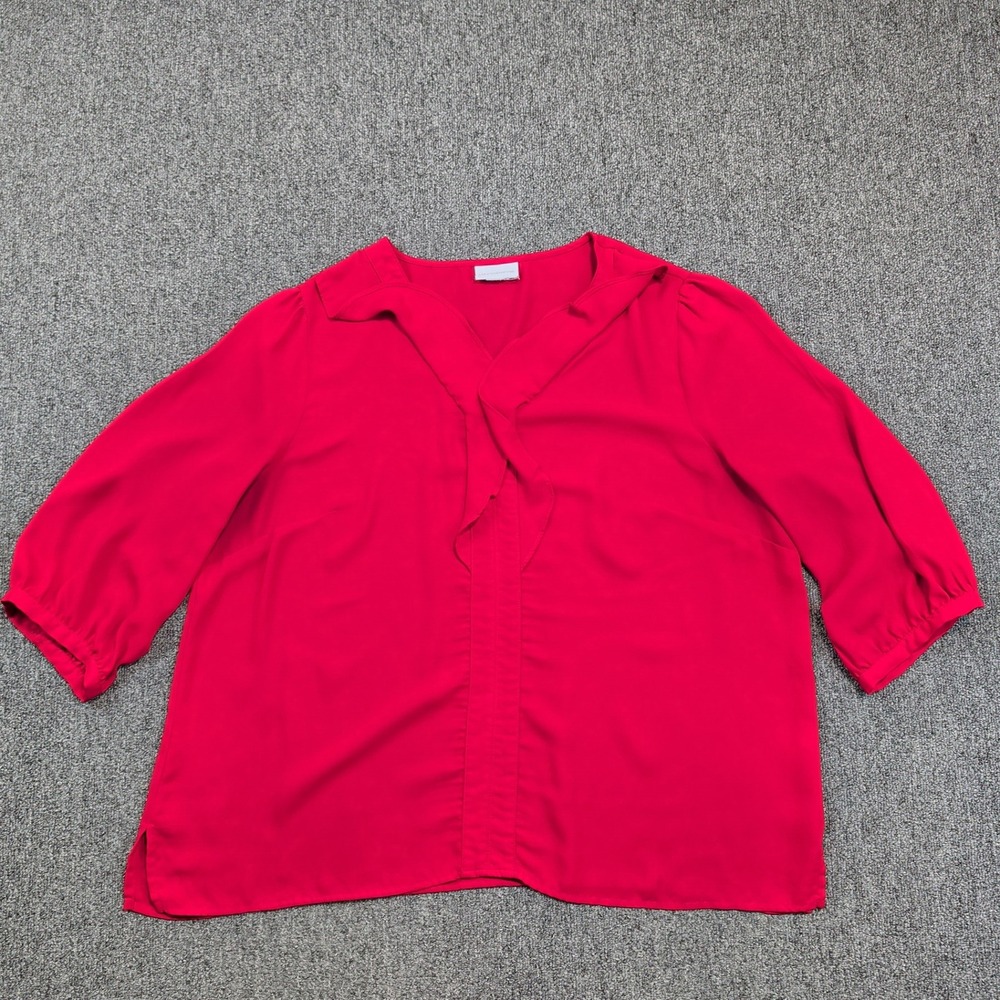 Liz Claiborne Classic Red Ruffle V-Neck Blouse XL 3/4 Sleeve Office Career Top